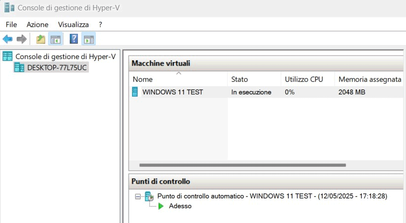 Console gestione Hyper-V Windows 11