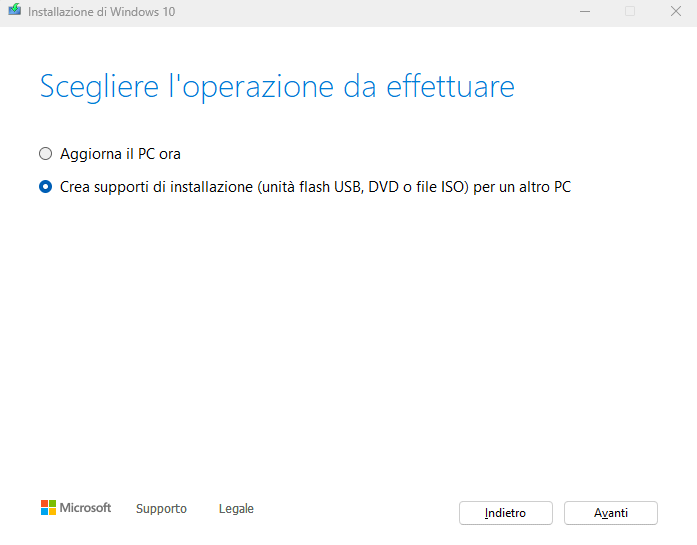 Creazione supporto installazione Windows 10