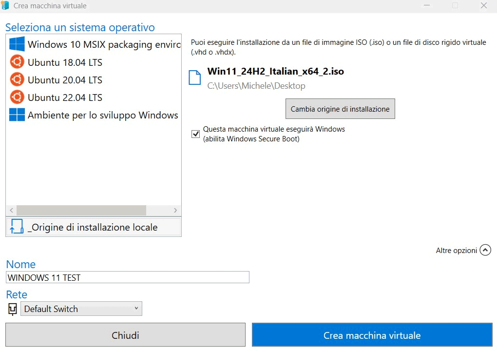 Installazione macchina virtuale Windows 11