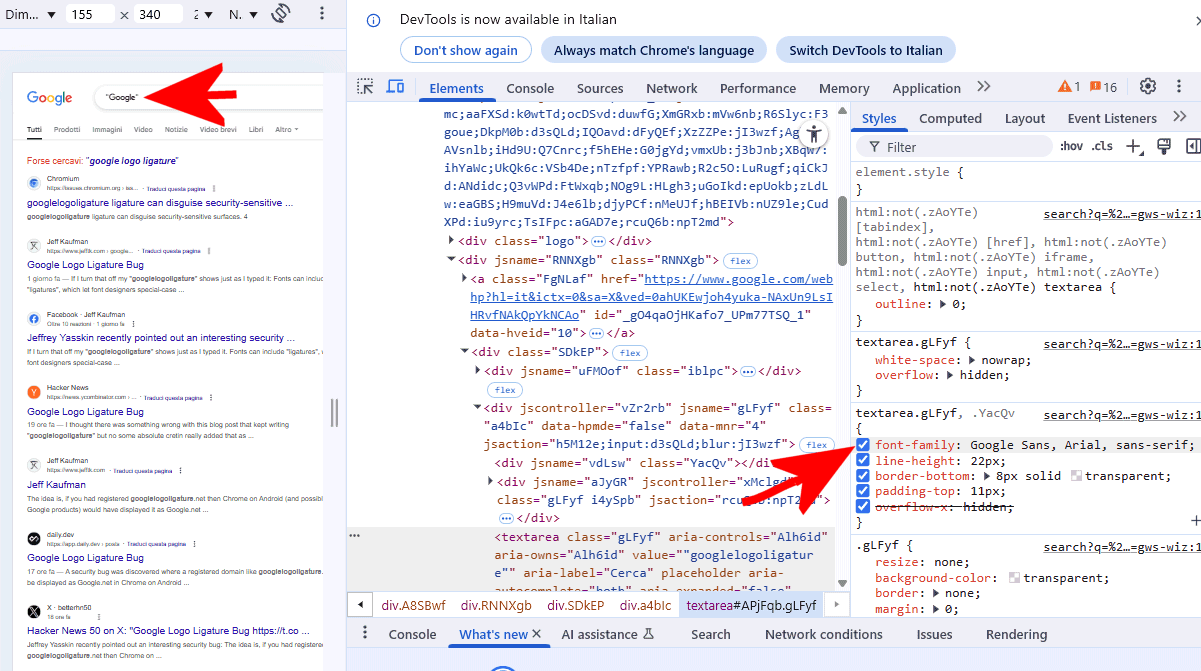 Legatura font Google Chrome
