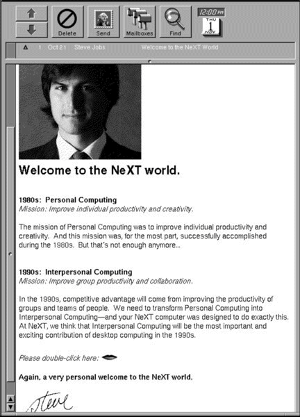 Messaggio benvenuto Steve Jobs NeXT Computer