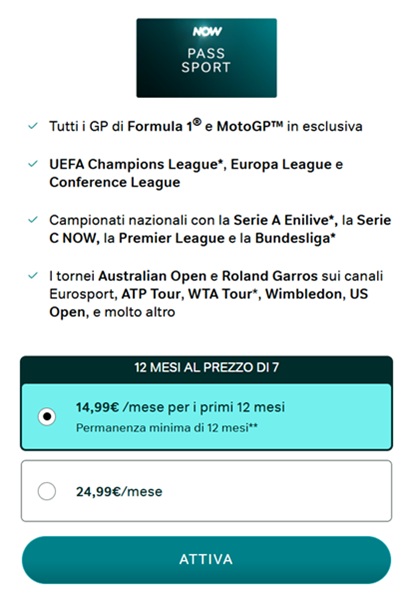 now pass sport offerta
