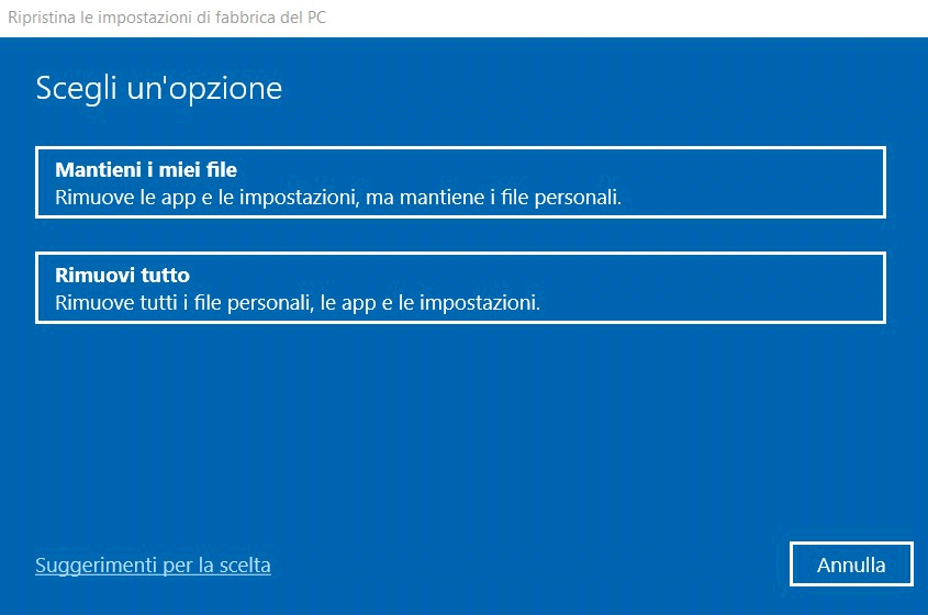 Reimposta PC Windows 10 non funzionerà più
