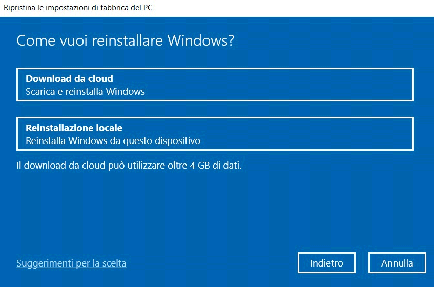 Reinstallazione Windows 10 da cloud o immagine locale