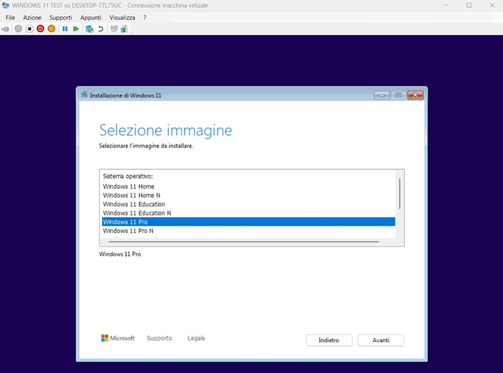 Scelta edizione Windows 11 Hyper-V VM