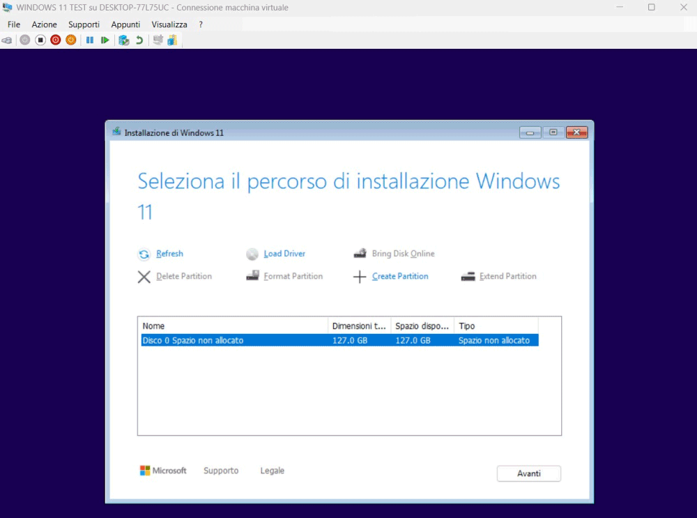 Scelta unità destinazione Windows 11 macchina virtuale