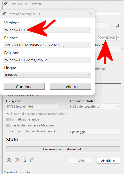 Windows 10 chiavetta avviabile con Rufus