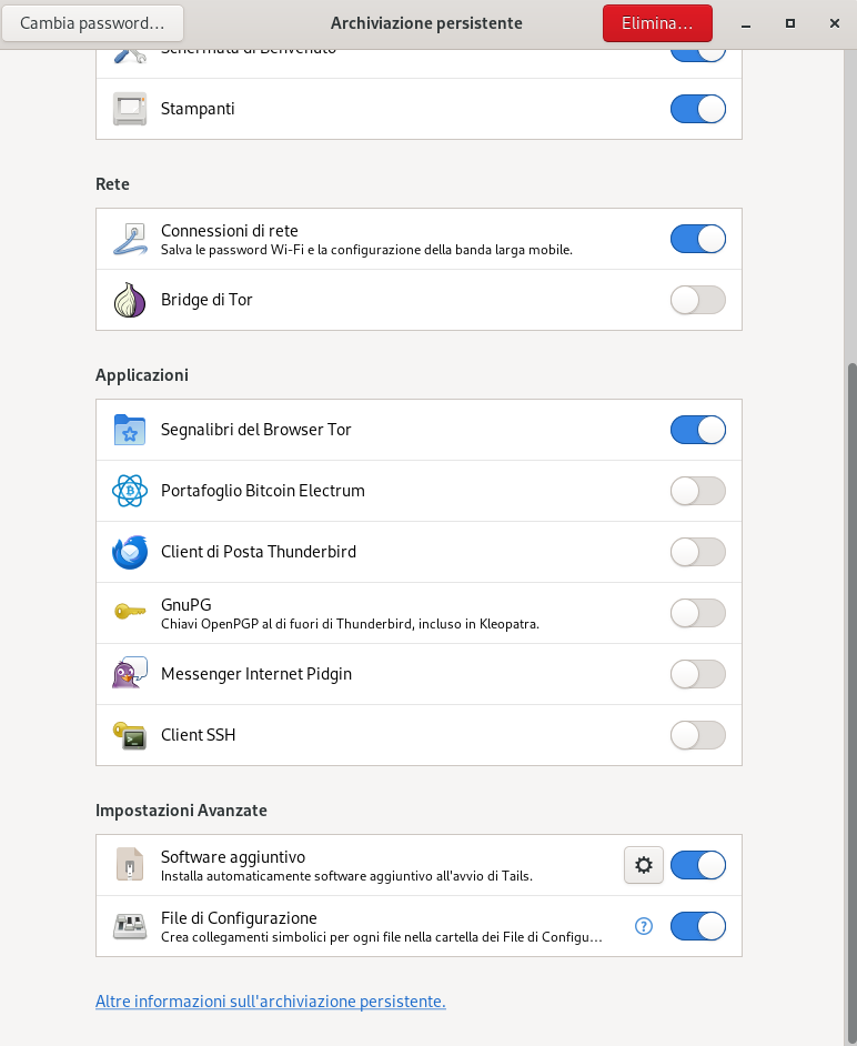 Opzioni archiviazione persistente Tails