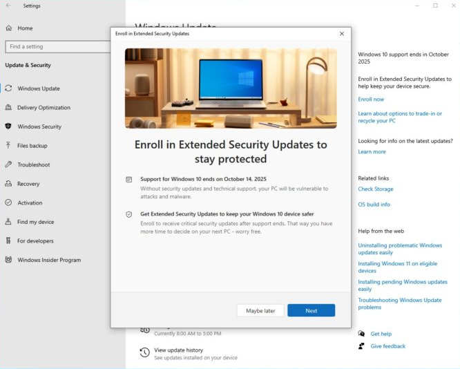 Estensione aggiornamenti sicurezza Windows 10