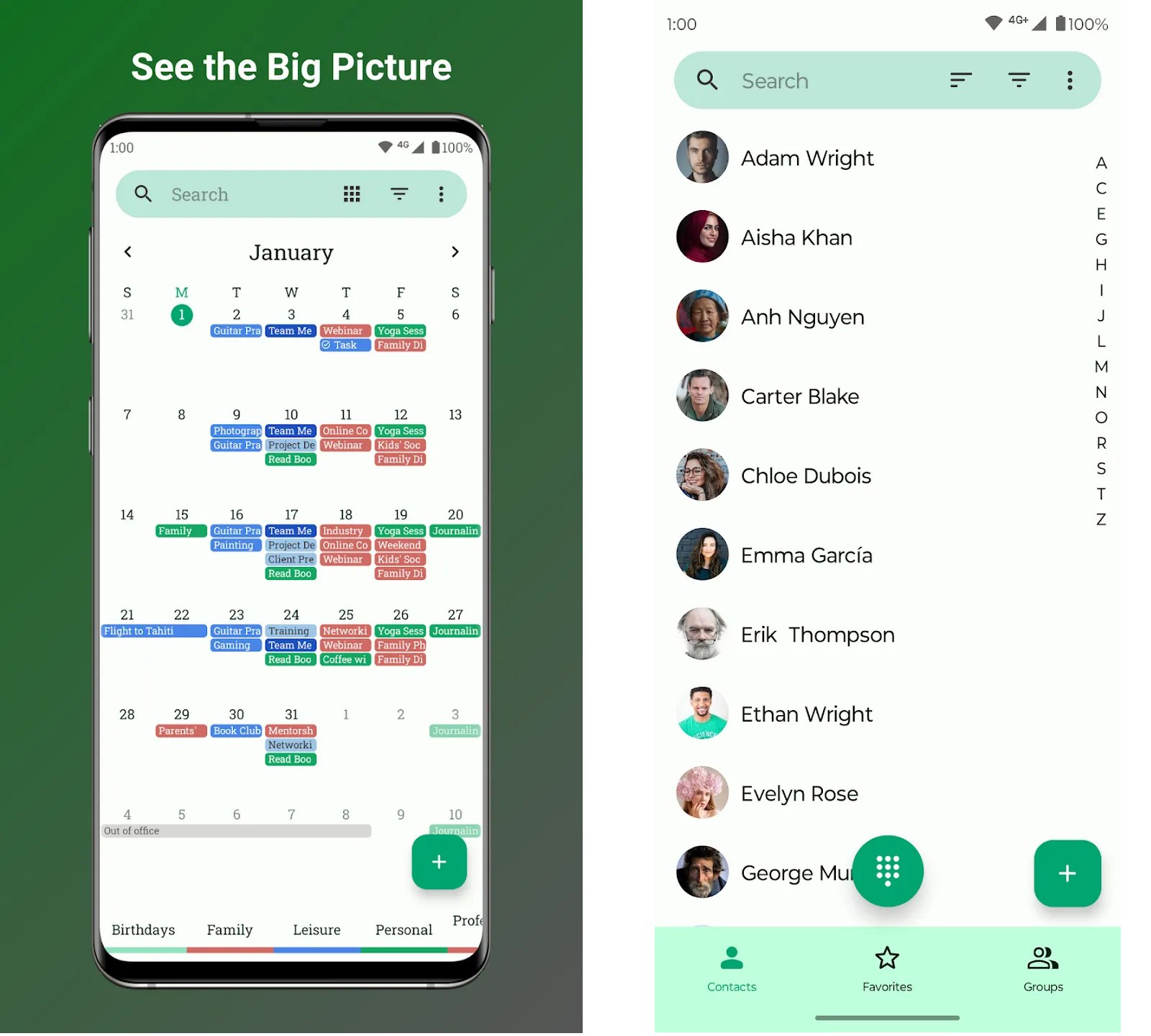 App Fossify per Android: Calendar e Contacts