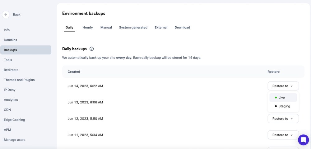 Dashboard gestione backup Kinsta