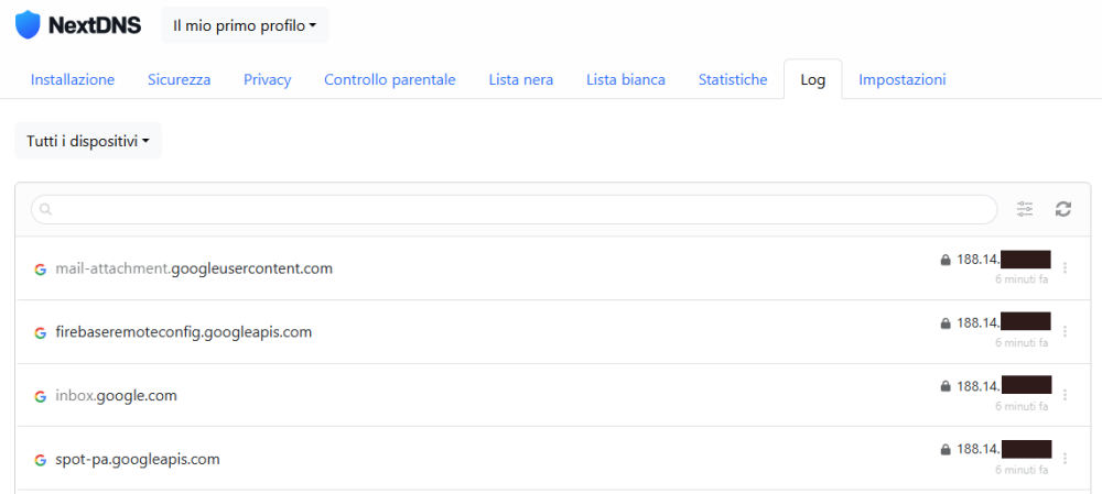 Log richieste DNS privato Android