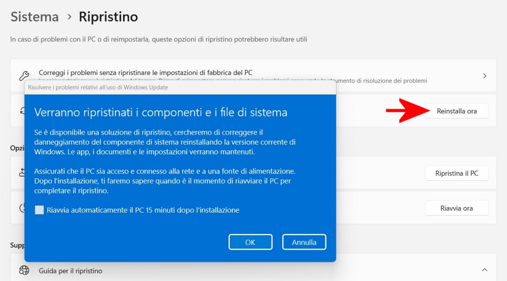 Reinstallare Windows 11 da Opzioni di ripristino