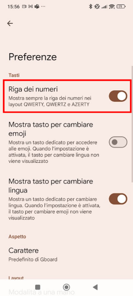 Riga numeri tastiera Gboard