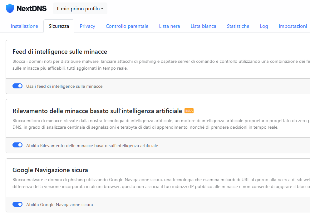 Schede sicurezza, privacy e parental control NextDNS