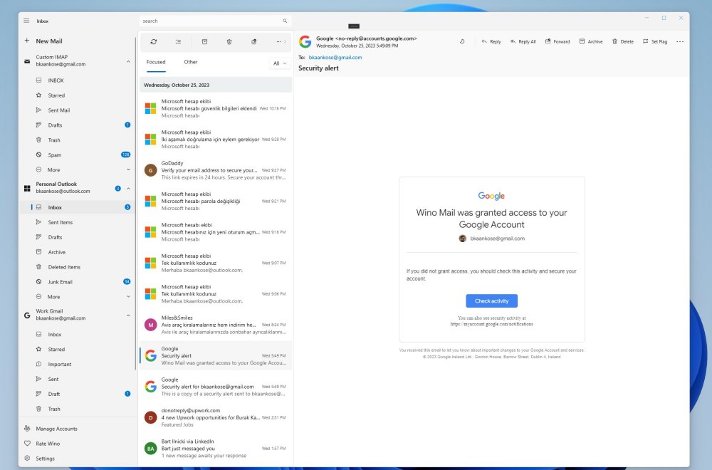 Wino Mail, interfaccia utente Windows 11