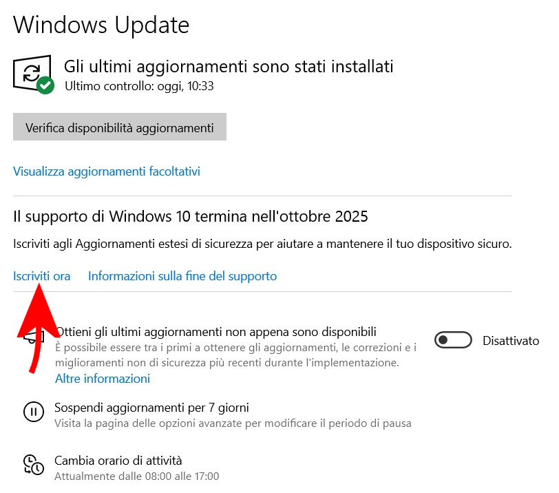 Attivazione gratuita ESU su Windows 10