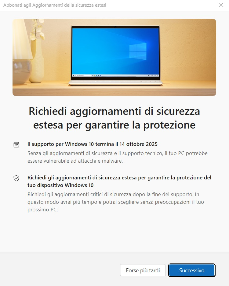 Estensione aggiornamenti sicurezza Windows 10 fino al 2026