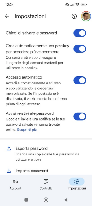 Impostazioni password salvate Android