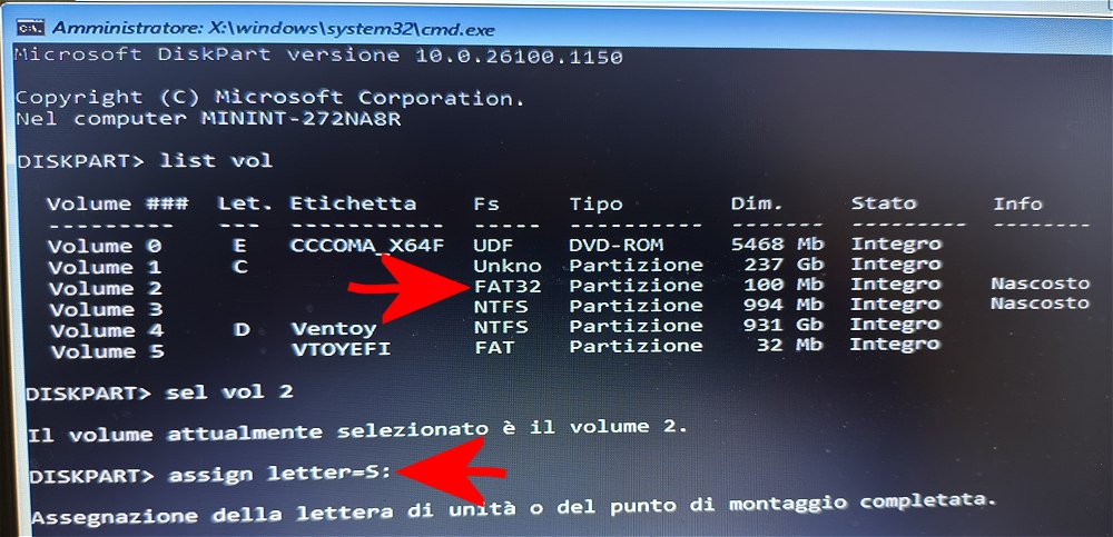 Gestione partizione EFI con DiskPart