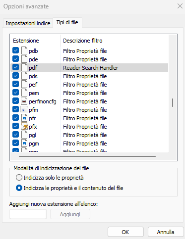 Indicizzazione contenuto file e documenti Windows 11