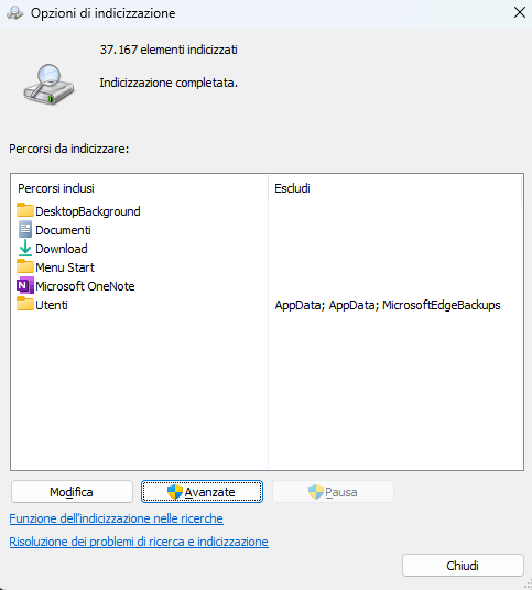 Indicizzazione file Windows 11 e ricerca integrata