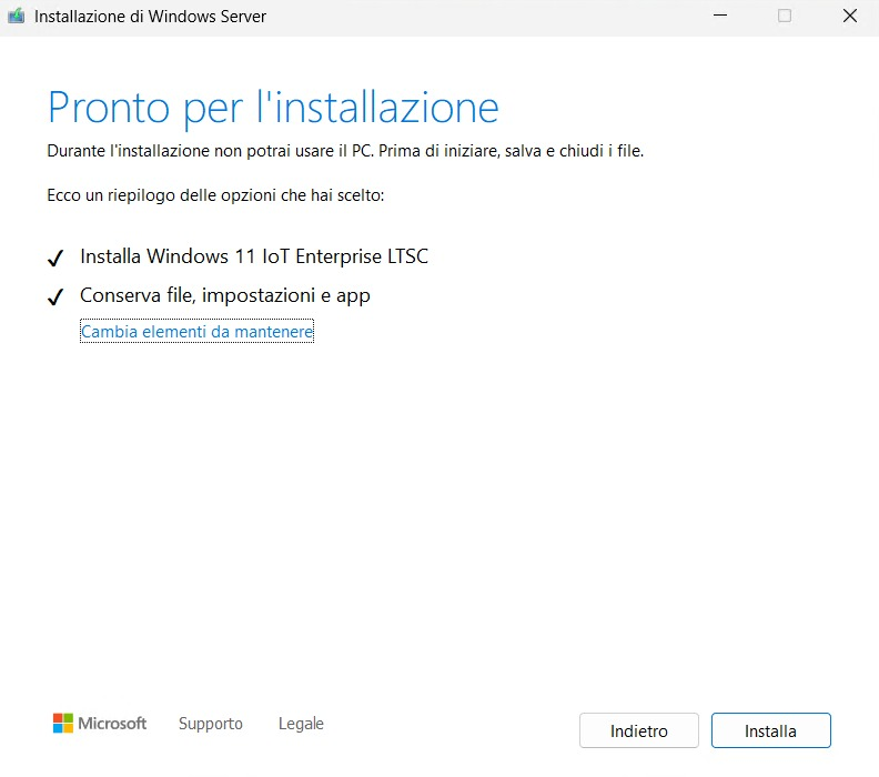 Aggiornamento in-place a Windows 11 IoT Enterprise LTSC in ITALIANO