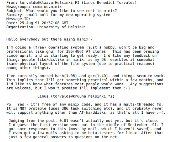 Messaggio Linus Torvalds 1991 presentazione Linux