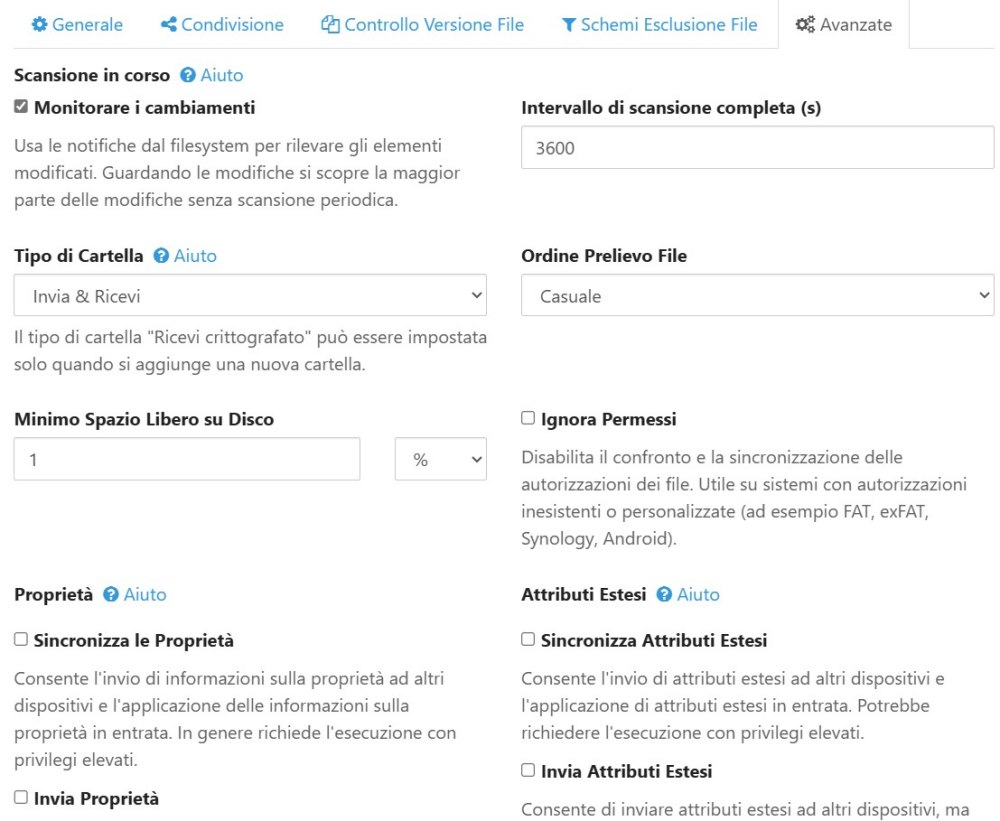 Opzioni avanzate Syncthing