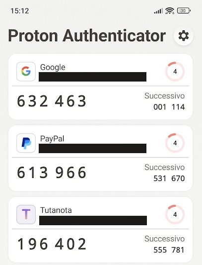 Codici 2FA Proton Authenticator: schermata principale