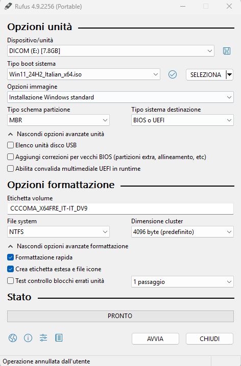 Configurazione Rufus installazione Windows 11