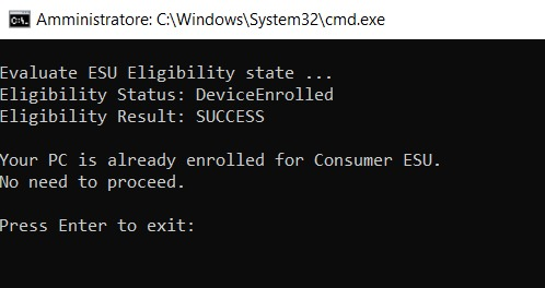 Stato attivazione ESU Windows 10