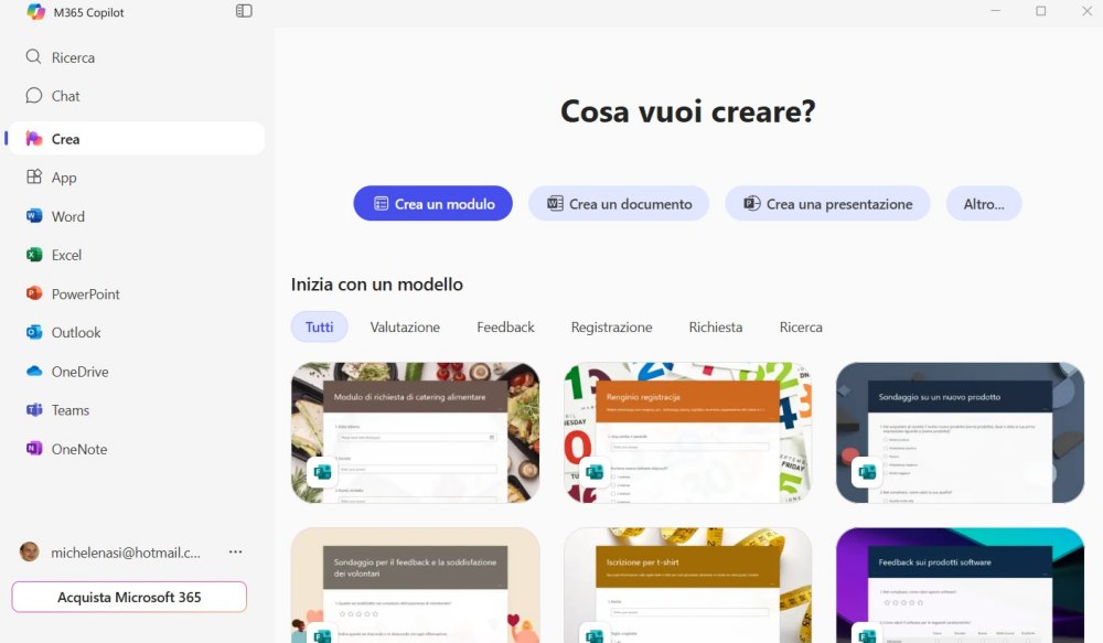 Microsoft 365 Copilot, schermata principale