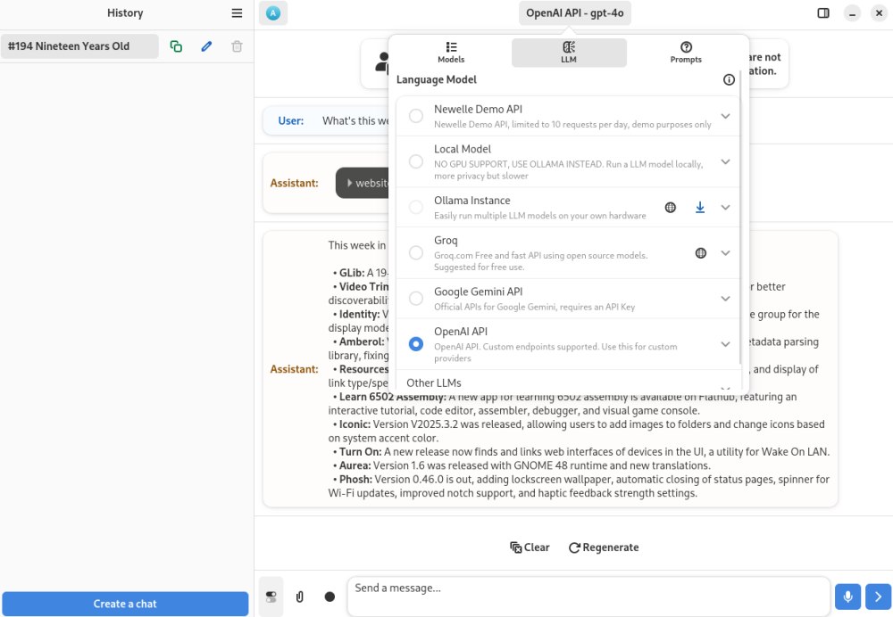 Scelta LLM con assistente AI Newelle per Linux