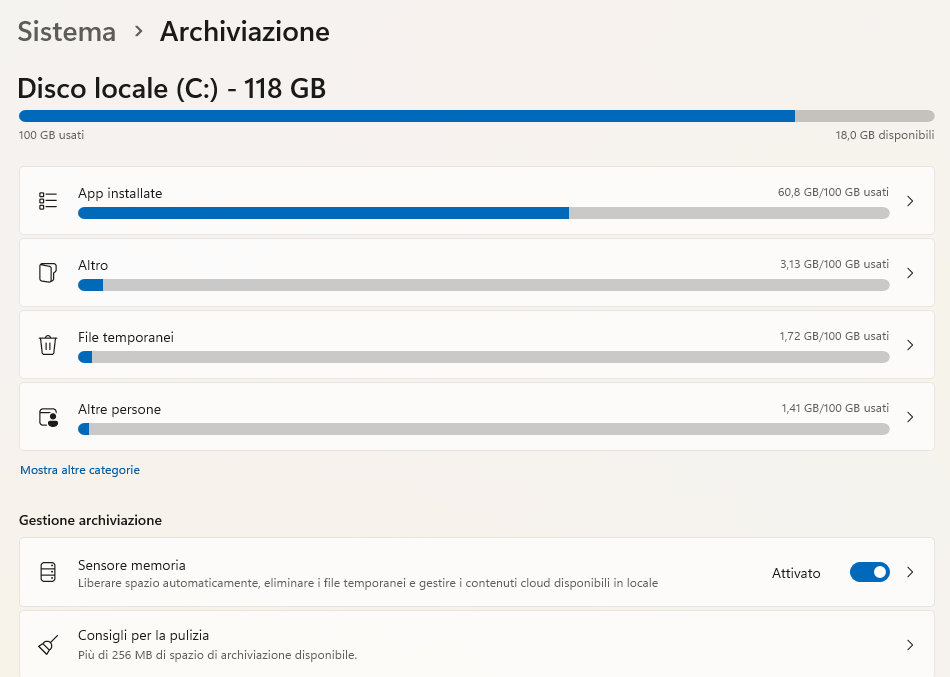 Sensore memoria finestra Archiviazione Windows