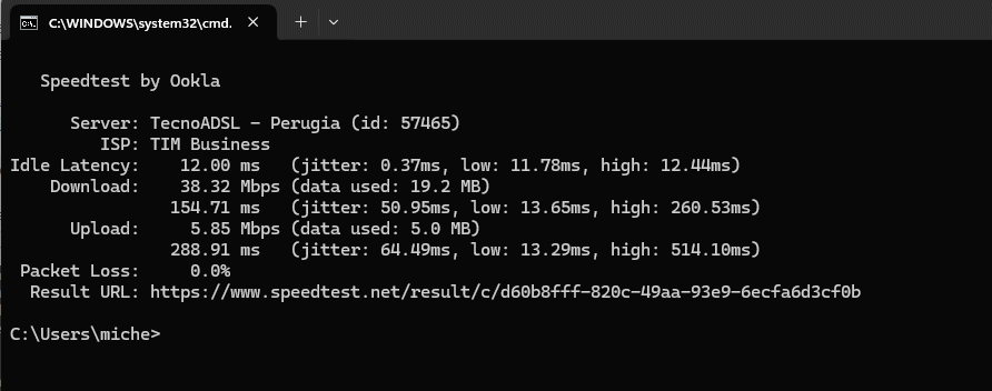 Speed test da riga di comando Windows 11