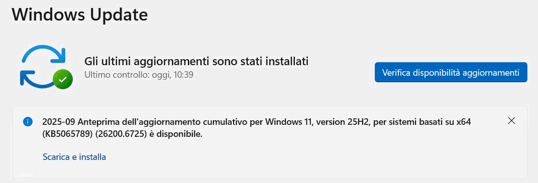 Aggiornamento anteprima KB5065789 Windows 11