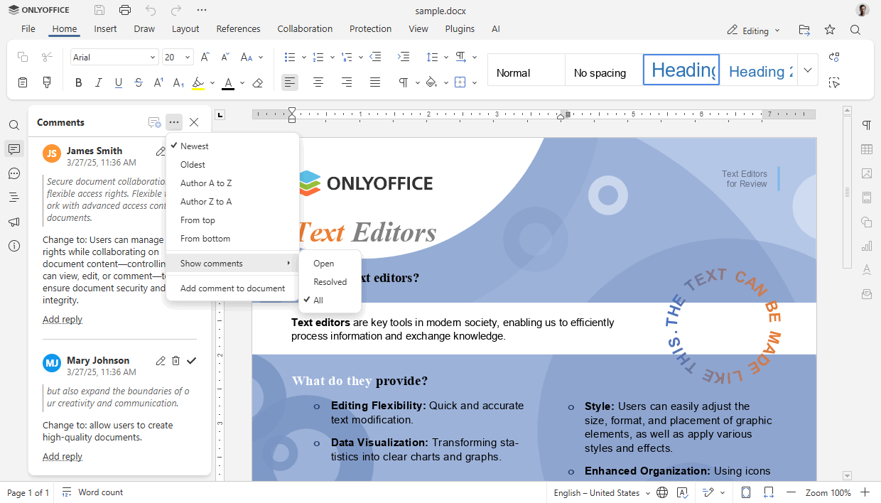 Visualizzazione commenti editor