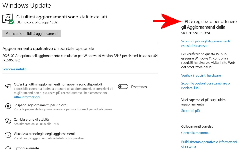 Aggiornamenti sicurezza estesi Windows Update
