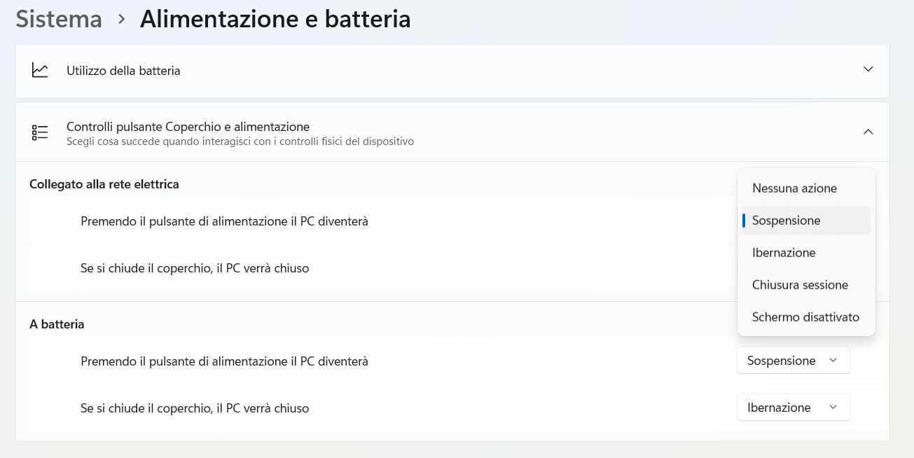 Configurazione pulsante accensione Windows 11