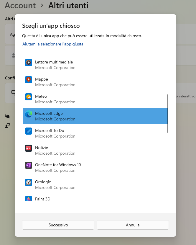 App avviabili in Kiosk mode Windows 11