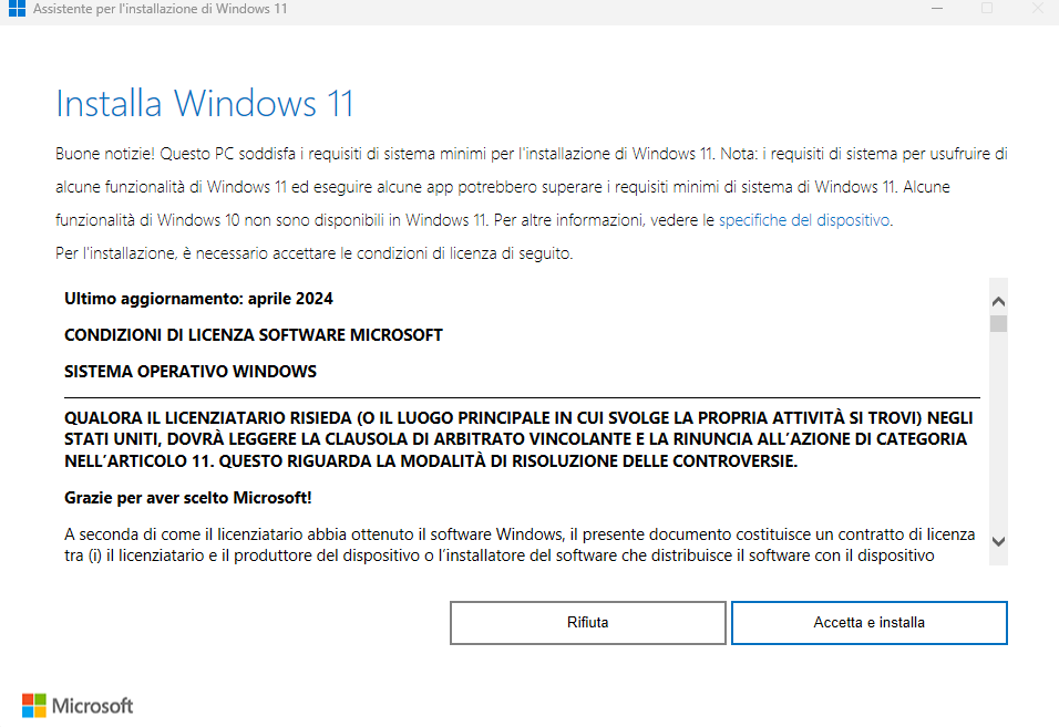 Assistente installazione Windows 11: verifica compatibilità superata