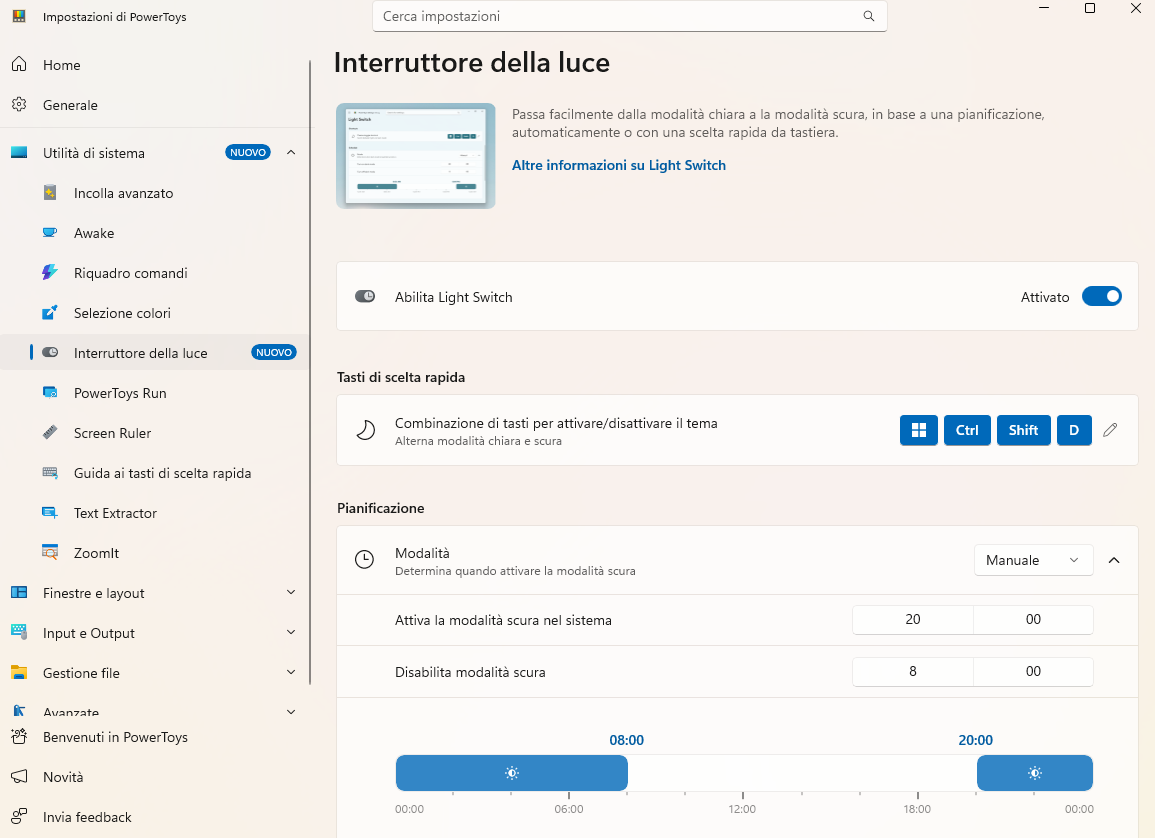Interruttore luce o Light Switch nelle utilità Microsoft PowerToys