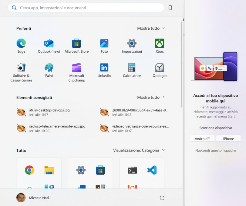 Barra laterale dispositivo mobile menu Start Windows 11