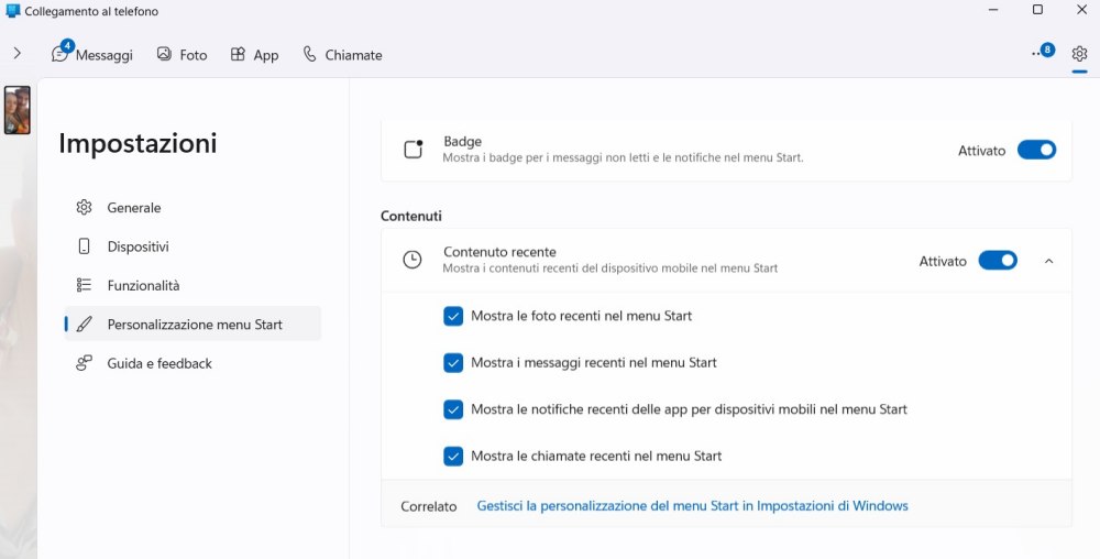 Personalizzazione notifiche mobili menu Start Windows 11