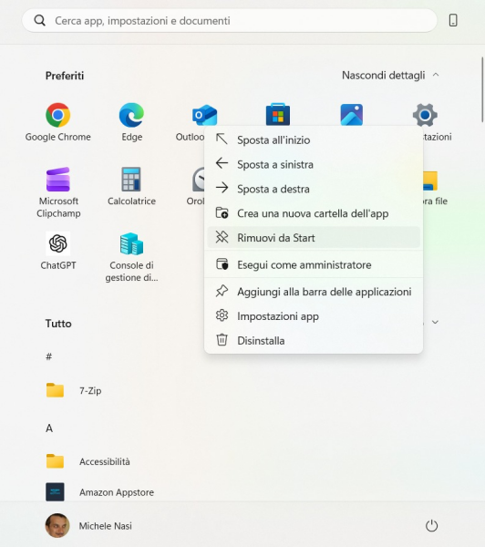 Rimuovere programmi preferiti dal menu Start di Windows 11