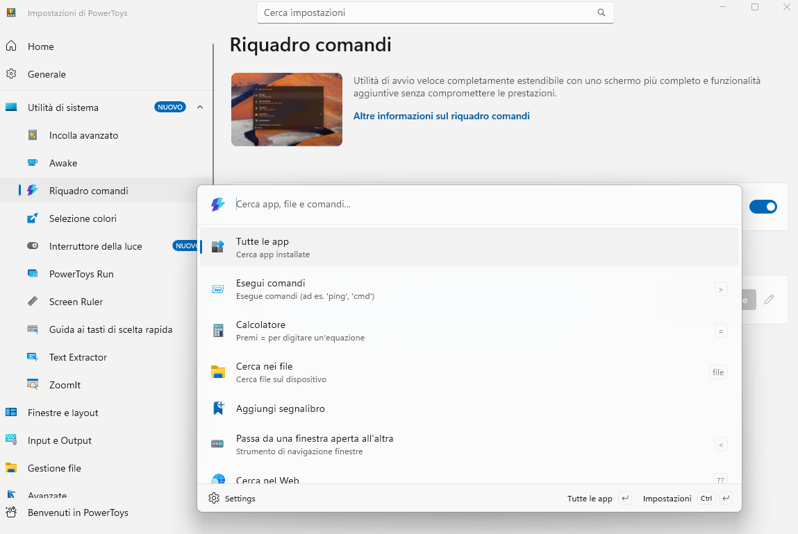 Riquadro comandi PowerToys