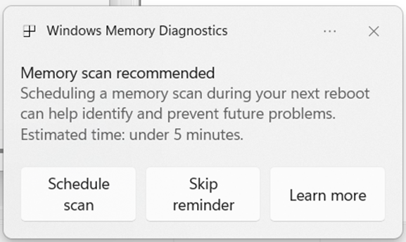 Scansione memoria RAM dopo BSOD in Windows 11