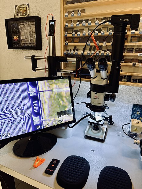Setup microscopio stereo analisi die microprocessori