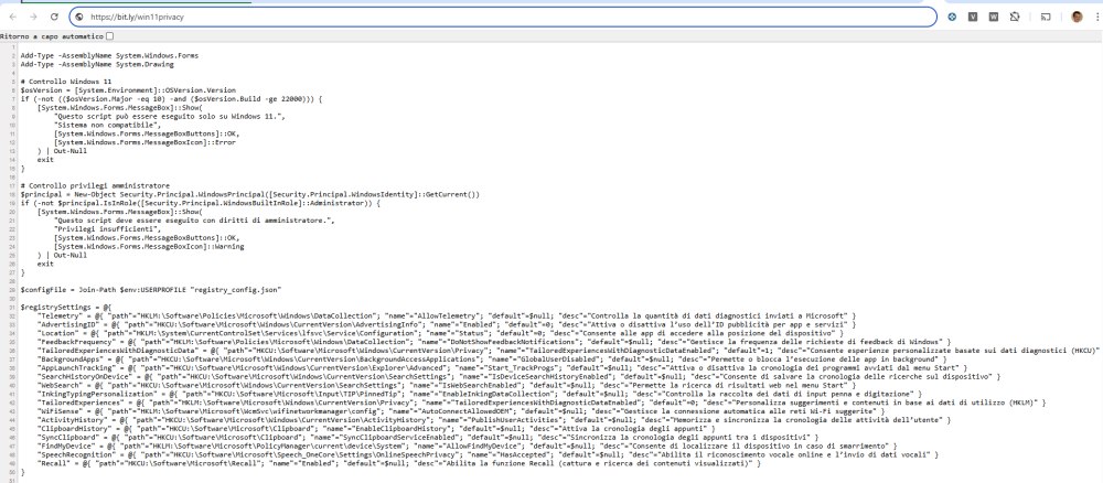 Sorgente script PowerShell privacy Windows 11